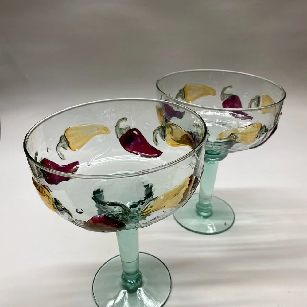 Artisanal Hand Blown Mexican Margarita Glasses Chili Pepper Motif Vintage ‘90s
